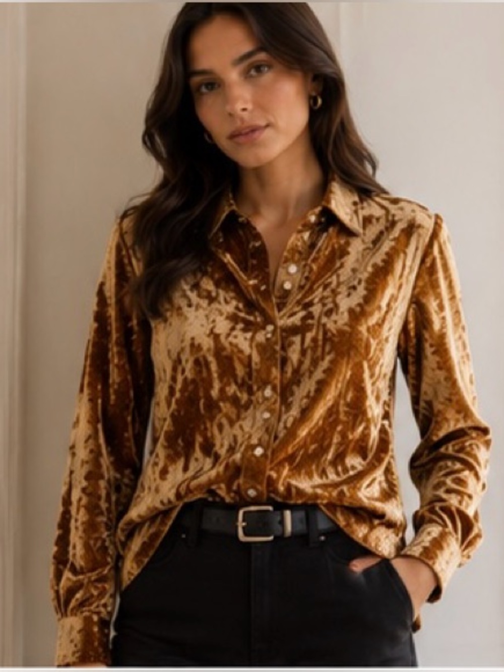 L'AGENCE Laurent Crushed Velvet Button-Down Shirt in Golden Amber